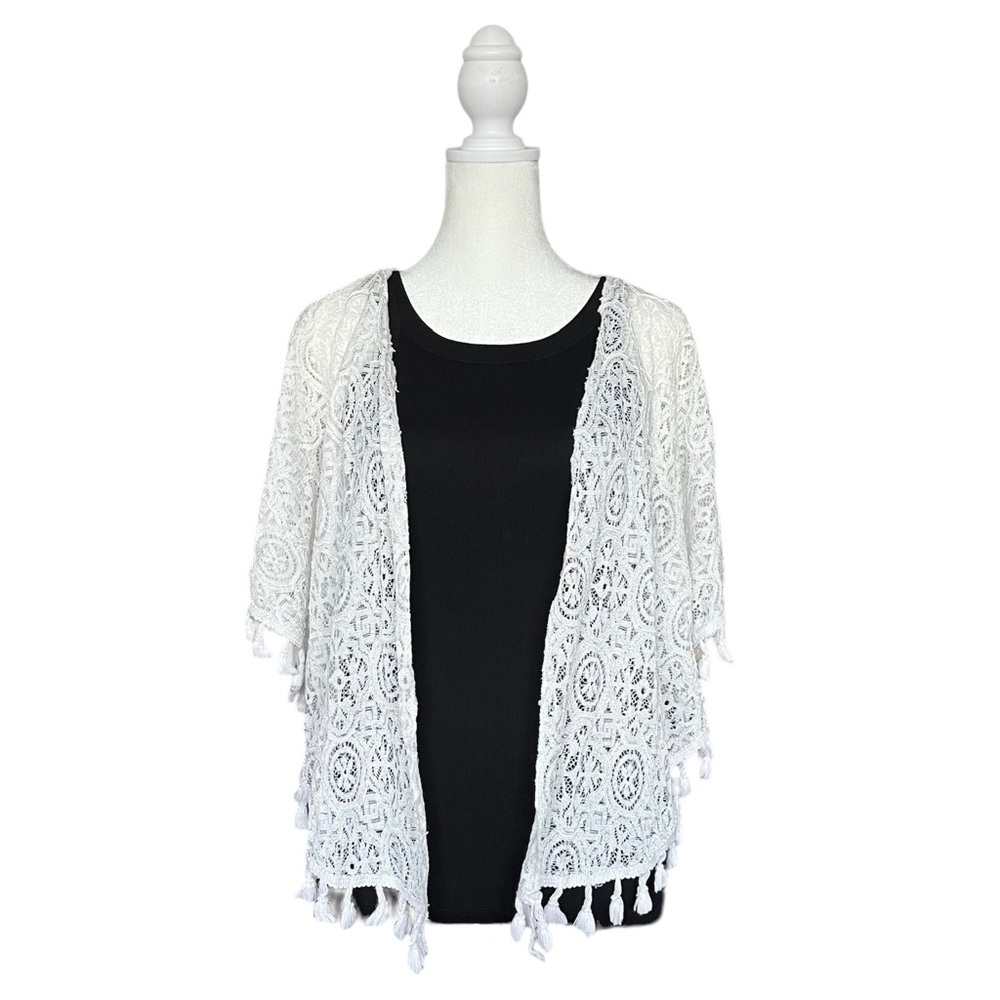 White Crocheted Lace Cardigan with Tassel Details one size